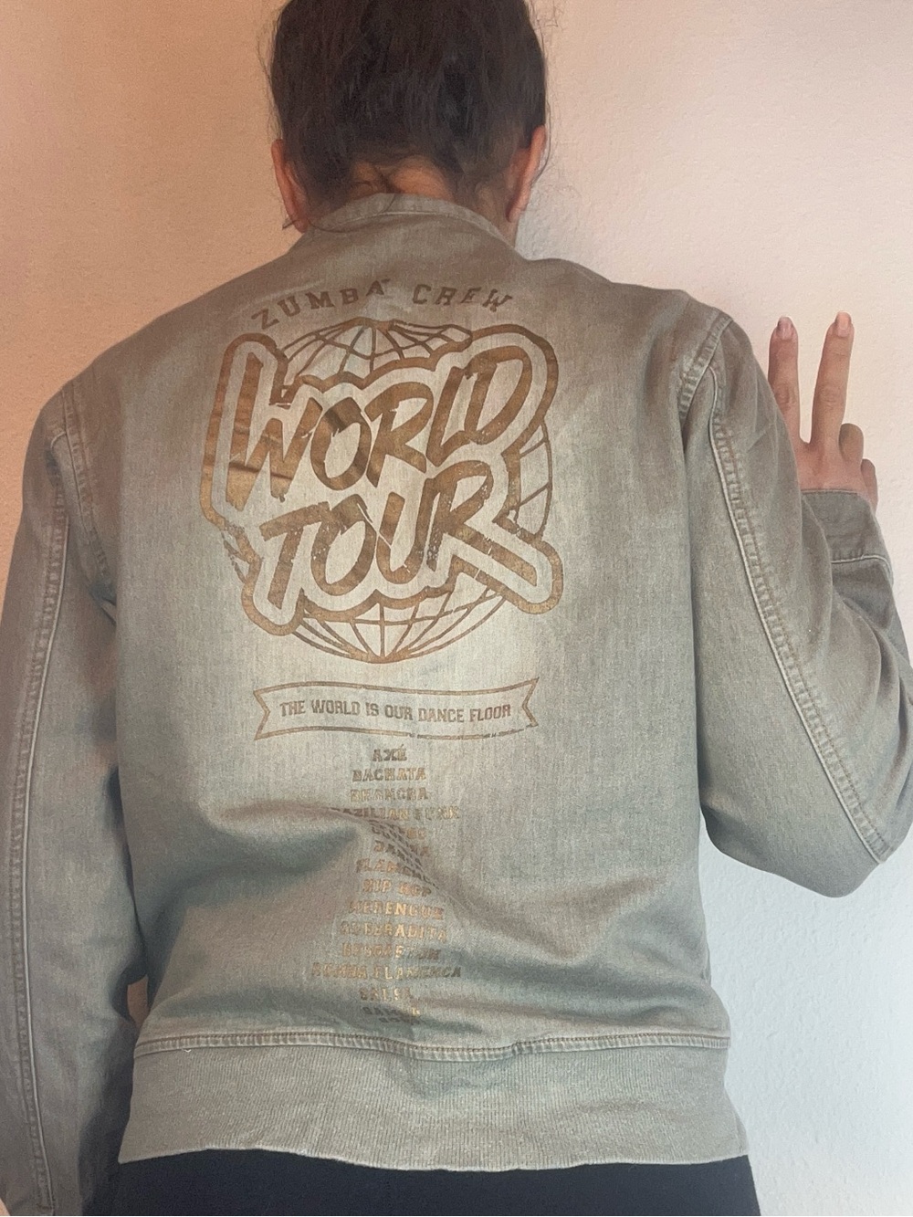 Zumba Green Denim Jacket Gold Foil Logo Stretch World Tour Size L